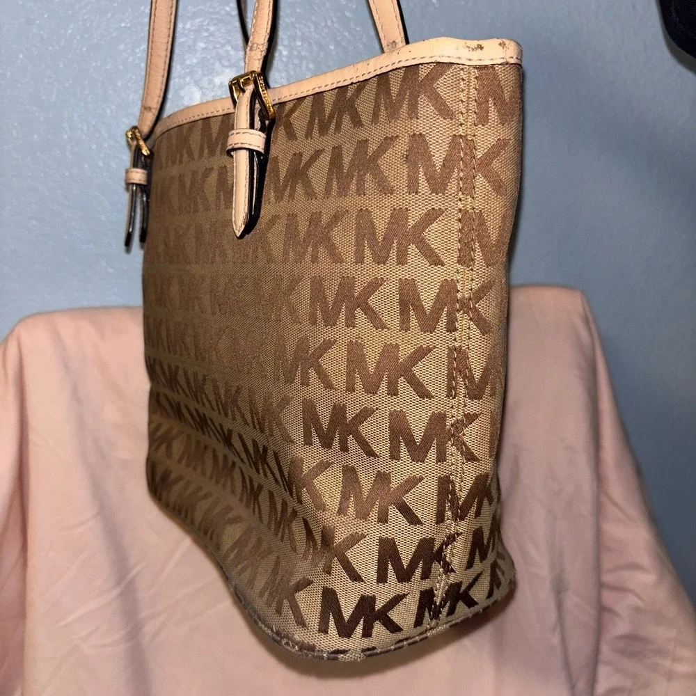 MICHAEL KORS Jet Set Logo, Large Tote Canvas Leather Bag Brown